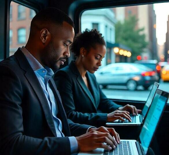 Un homme et une femme qui travaillent sur un pc dans un véhicule